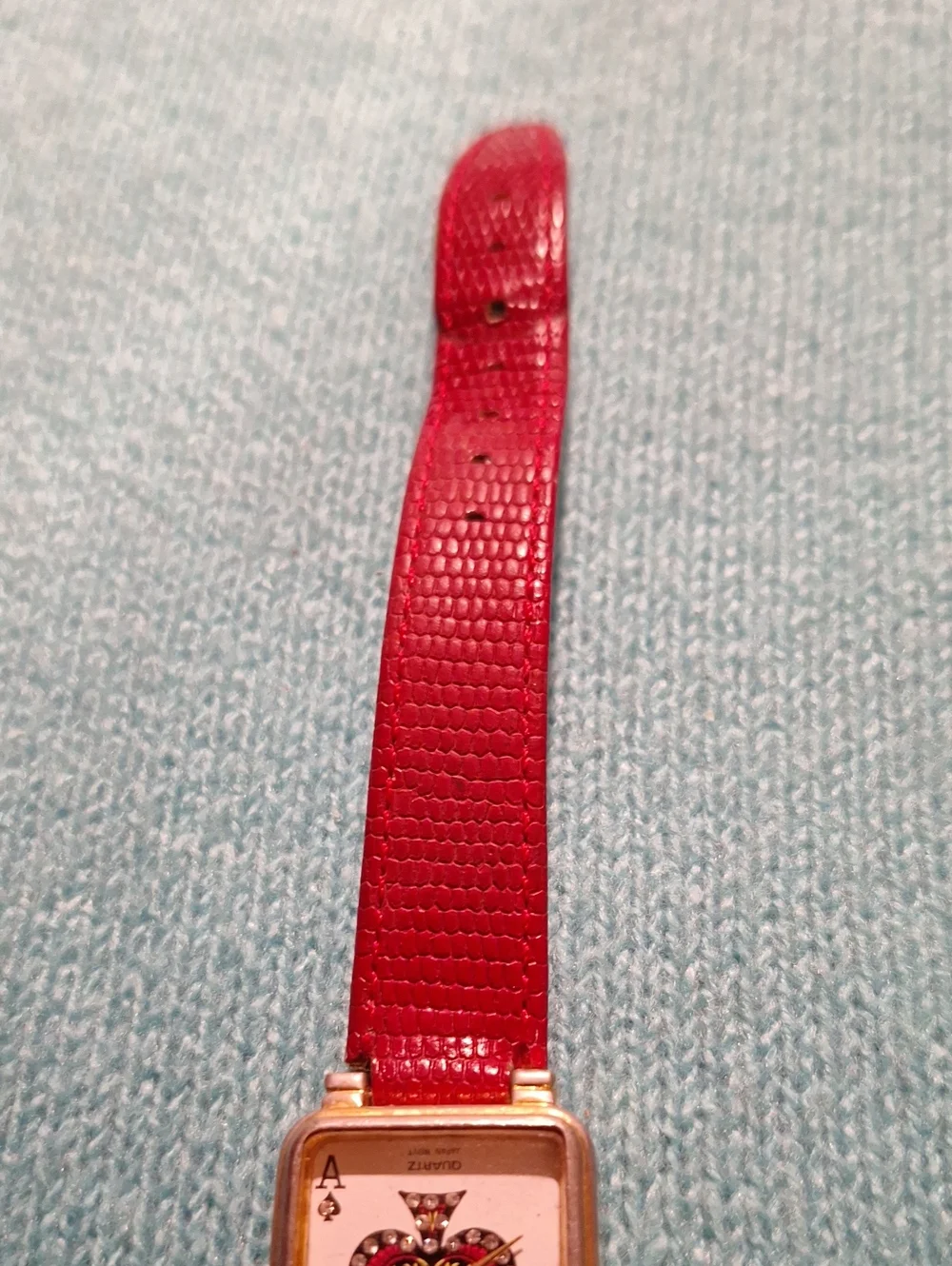 Red Ace of Hearts Quilted Dial Leather Strap Watch